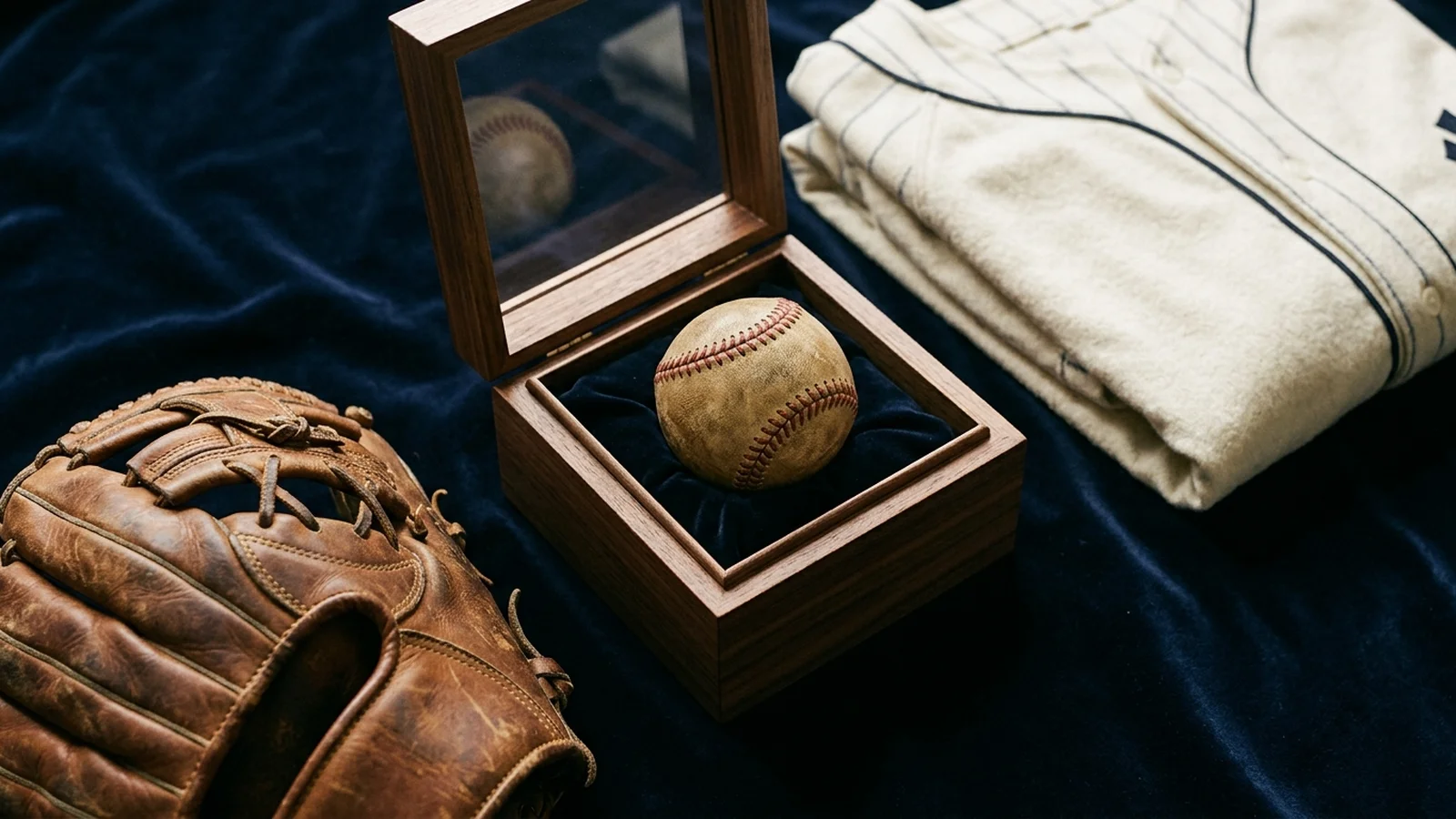 A signed baseball in an open wooden display case beside a vintage leather glove and a folded pinstripe jersey on navy velvet